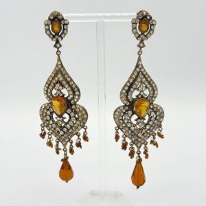 Vintage Chandelier Amber Color Lucite Rhinestone Gold Tone Drop Dangle Earrings